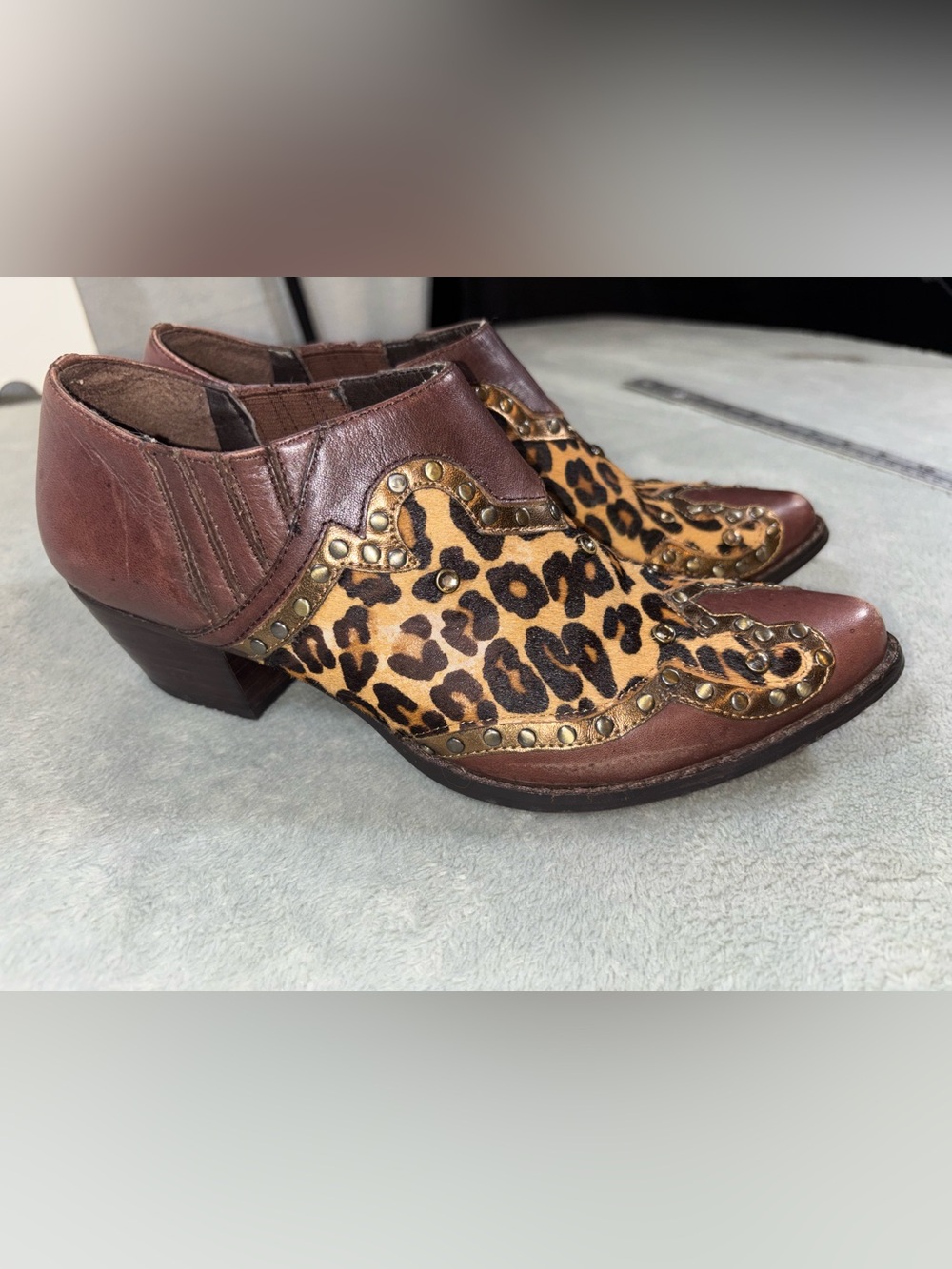 REBA McEntire Genuine Leather & Leopard Print Western Booties - Size 7.5